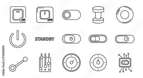 Set of On/Off Switch Related Line Icons: Outline Signs for Graphic and Web Design, Apps, Adverts, Various Cards, Vector Cartoon Illustration with a White Background. Modern and Minimalist Symbols for
