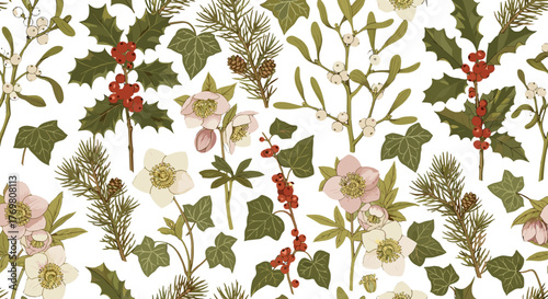 Seamless vintage botanical illustration of a Christmas pattern featuring winter flora like holly berries, mistletoe, hellebores, pine branches with cones, and ivy leaves, set against a black