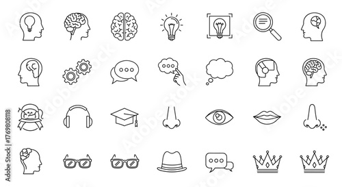 A diverse collection of thin line icons representing various aspects of human thought, perception, and communication, including brains, lightbulbs, gears, speech bubbles, eyes, lips, and hats
