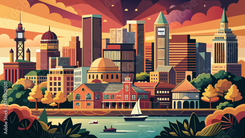 Very beautiful Providence vector travel poster in cinematic minimal landscape art style, showcasing the city skyline, historic architecture, and riverside views with warm sunset tones capturing Rhode 
