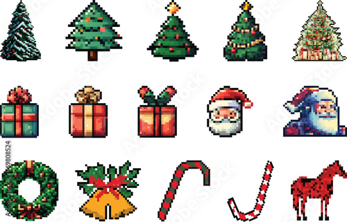 A set of New Year and Christmas objects for an 8-bit pixel game