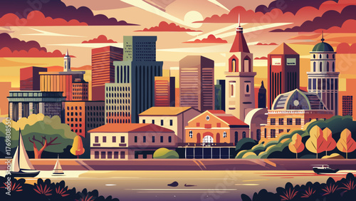 Very beautiful Providence vector travel poster in cinematic minimal landscape art style, showcasing the city skyline, historic architecture, and riverside views with warm sunset tones capturing Rhode 