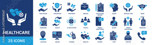 Healthcare icon set. Containing treatment, prevention, medical, health, diagnosis, report, illness, injury and more. Solid vector icons collection.