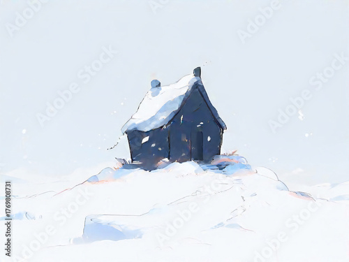 A black mountain hut standing alone in a white snowy field