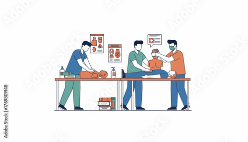 Medical professionals and students engaging in first aid and cardiopulmonary resuscitation - cpr - training, learning emergency procedures on medical dummies during a healthcare lesson