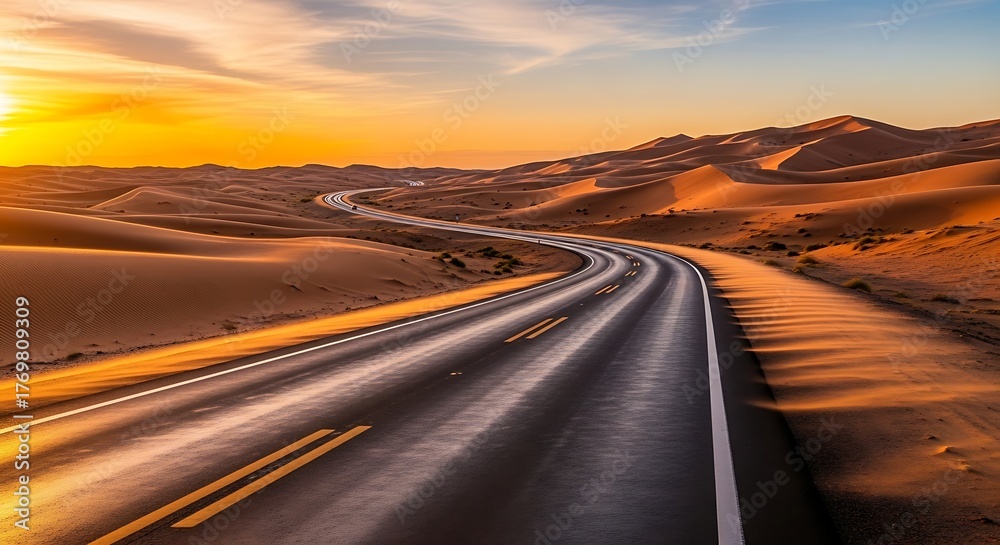 Fototapeta premium Desert highway stretches into the distance under a vibrant sunset sky view