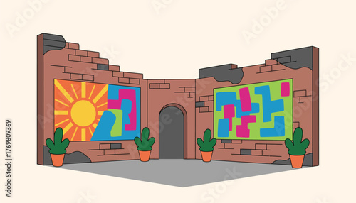 A hidden courtyard filled with street art where colorful murals adorn ancient brick walls and potted plants add a touch of life to the neglected space.