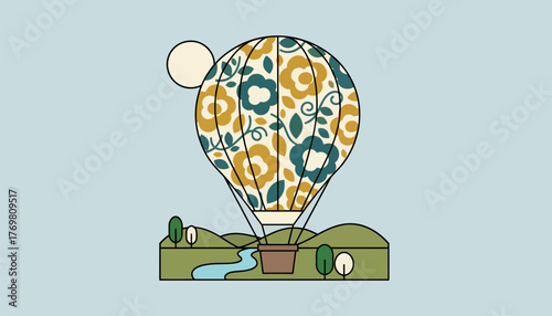 A vintageinspired balloon design featuring floral patterns drifting over a picturesque countryside blending nostalgia with the present.