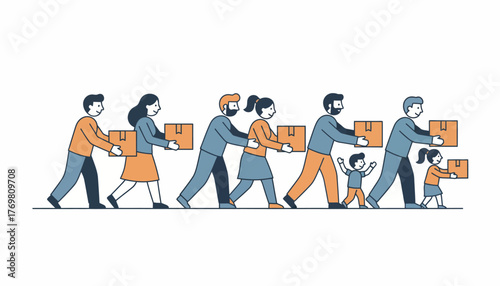 A crowded hallway where family members are passing boxes to each other showcasing teamwork and collaboration during the move.