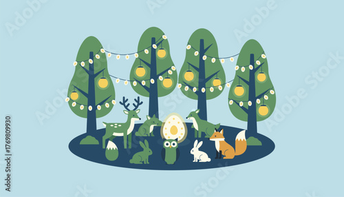 A magical forest with trees adorned with glowing lanterns and garlands of eggs as gentle animals gather to celebrate.