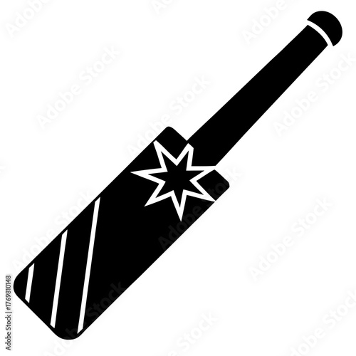 Black silhouette of a cricket bat with a starburst design isolated on white background silhouette