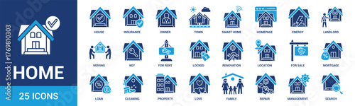 Home icon set. Containing house, property, loan, town, landlord, insurance, location, mortgage, for sale and more. Solid vector icons collection.