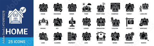 Home icon set. Containing house, property, loan, town, landlord, insurance, location, mortgage, for sale and more. Glyph vector icons collection.