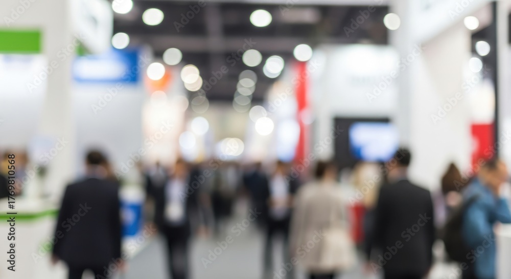 Fototapeta premium Blurred indoor convention hall with many people walking around.