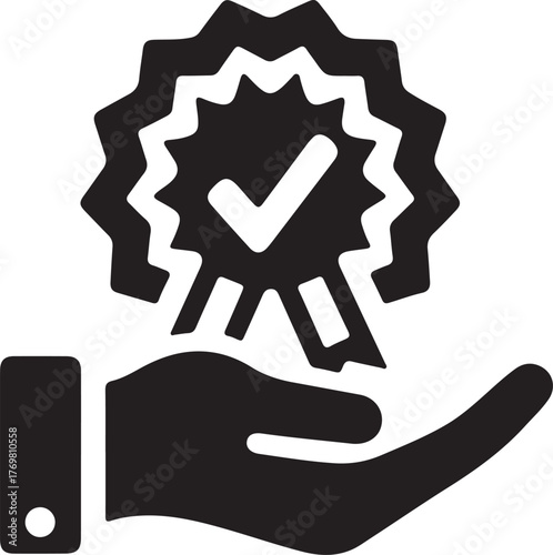 Certified quality icon with hand holding approval seal for service guarantee and product excellence
