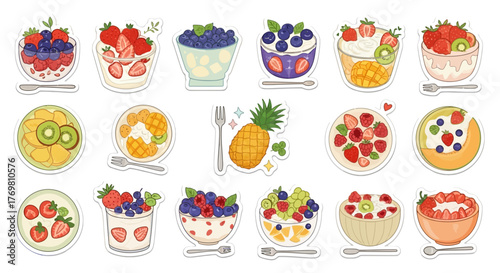 Illustration of various fruit desserts in bowls, including berries, strawberries, kiwi, pineapple, and cream, with spoons and forks.