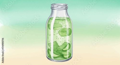 Illustration of a clear glass bottle filled with water, cucumber slices, and mint leaves, suggesting a refreshing and healthy drink.
