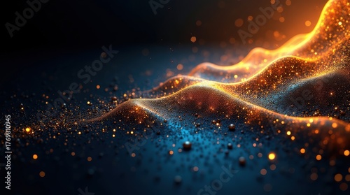 Golden blue abstract energy waves with particles