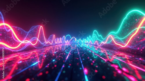 Neon audio waveform on futuristic digital grid