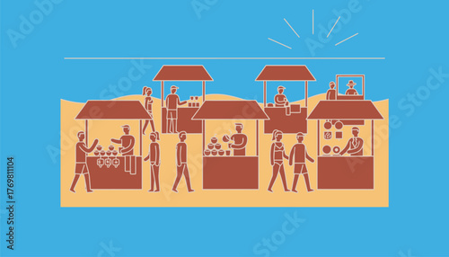 A lively beach market with vendors selling fresh coconut drinks and handmade crafts surrounded by sunsoaked tourists exploring the stalls.