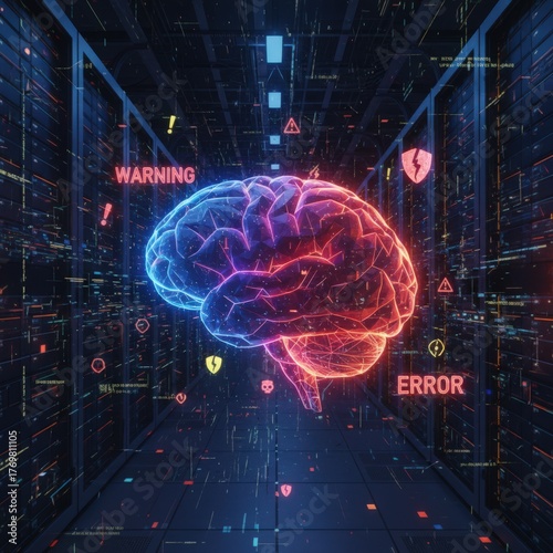Glowing digital brain with warning signs and glitch effects. Represents AI malfunction, cyber attack, or neural network instability