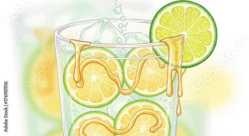 A refreshing glass of lemonade with lime slices and dripping honey, garnished with a lime wheel.
