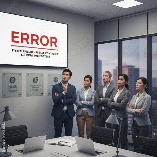 Business team in office looking at “ERROR” message on screen. Symbol of corporate issue, data loss, or IT failure.