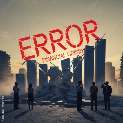 Red “ERROR – Financial Crisis” text over modern city skyline. Symbol of economic crash, market failure, or technology impact on finance.