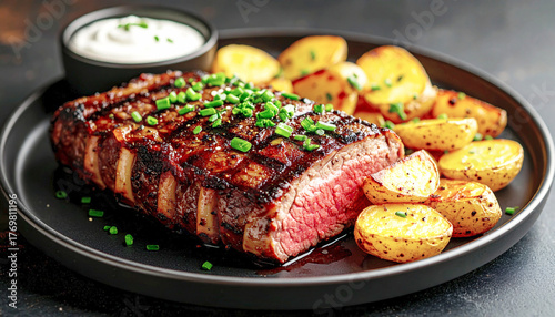 Broiled prime rib steak served with potato, sour cream and scallions, selective focus. AI