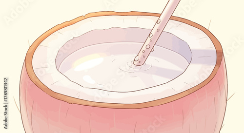 A close-up illustration of a fresh young coconut opened for drinking with a straw.