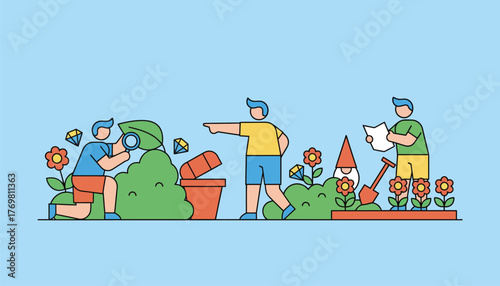 A fun summer scavenger hunt with participants eagerly searching for hidden treasures around the garden.