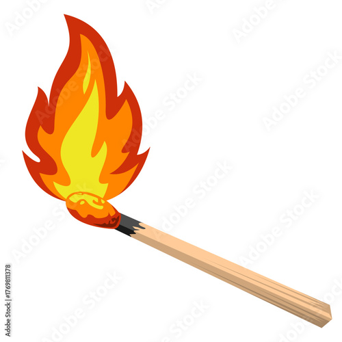 Burning Matchstick with Bright Flame Isolated on White Background, Fire and Heat Concept Vector Illustration for Safety, Energy, Danger, and Flammable Symbol Design