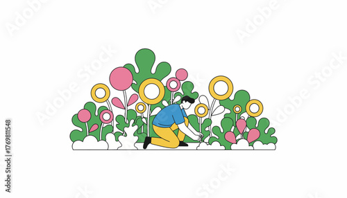 Man kneeling in a bright, minimalist garden illustration, tending colorful flowers and plants, symbolizes care, growth, sustainable gardening, and a calm outdoor hobby