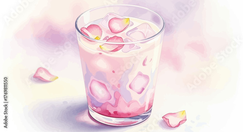 A beautiful watercolor illustration of a refreshing pink iced drink with delicate rose petals and ice cubes in a glass.