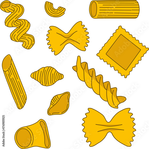 A collection of various types of yellow pasta with a black outline.