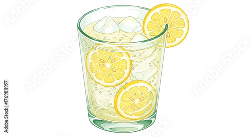 Illustration of a refreshing glass of lemonade with ice cubes and lemon slices, one garnishing the rim, against a white background.