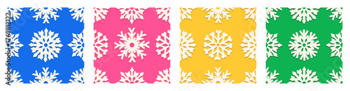Seamless pattern set with cut out snowflakes on blue, pink, yellow, and green backgrounds. Festive winter design for holiday wrapping, seasonal backgrounds, invitations, crafts, or creative projects.