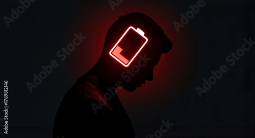 A silhouette with a glowing red low battery icon on a dark background, great for mental health awareness, burnout prevention content, and digital wellness campaigns.