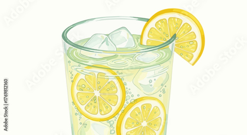 A detailed illustration of a refreshing glass of lemonade with ice cubes and lemon slices.
