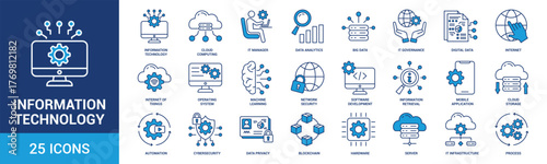 Information Technology icon set. Containing cloud computing, IT manager, big data, data analytics, internet, network security and more. Blue vector icons collection.