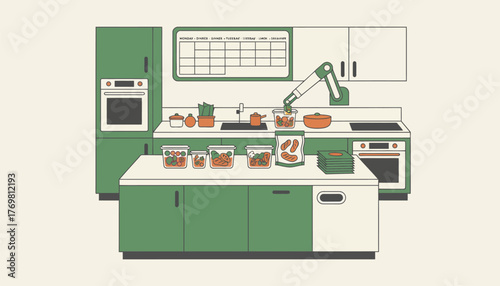 Robotics arm working in a modern kitchen setting, efficiently preparing various food items and packing them into meal prep containers for organized weekly meals
