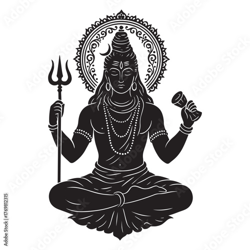 Black silhouette of Lord Shiva in meditation holding trident and damaru, symbolizing power, peace, and divine balance