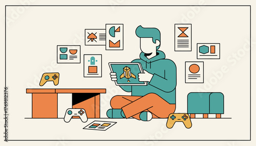 Creative designer sitting on floor with digital tablet, sketching a video game character amid controllers and design elements that illustrate game development and ideation process