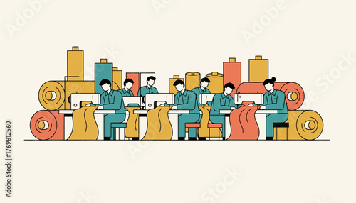 Factory workers at sewing machines producing garments and handling fabric, representing textile manufacturing, skilled labor, assembly line production and industrial apparel craft