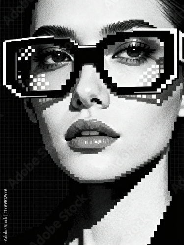 Pixelated Glasses Portrait: A captivating black and white portrait featuring a woman with striking features, adorned with pixelated glasses that add a touch of modern tech. 
