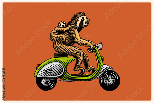 Cute Sloth with a baby on a scooter bike, motorcycle. Animal character on vehicle. Modern concept in vintage look. Hand drawn engraving, woodcut style for sport events, emblems, beverages, cartoon