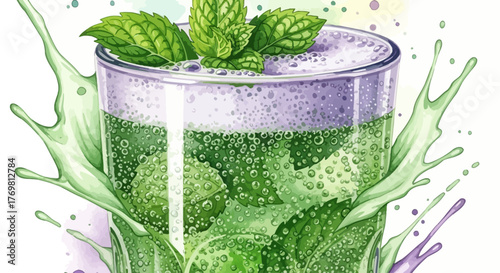 Refreshing watercolor illustration of a mojito cocktail with fresh mint and splashes.
