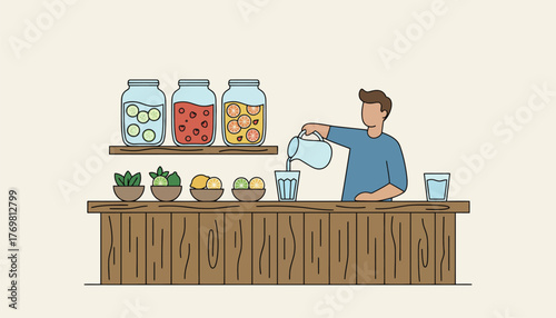 A host pouring drinks at a handmade bar made of reclaimed wood surrounded by jars of infused waters and fresh garnishes.