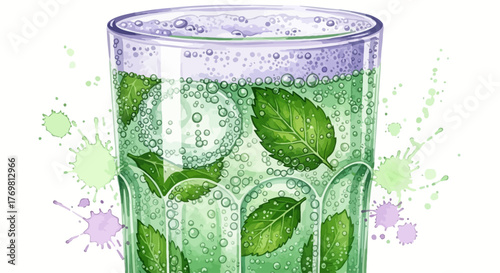 Refreshing Green Drink with Mint and Bubbles A Zesty Summer Cooler Illustration