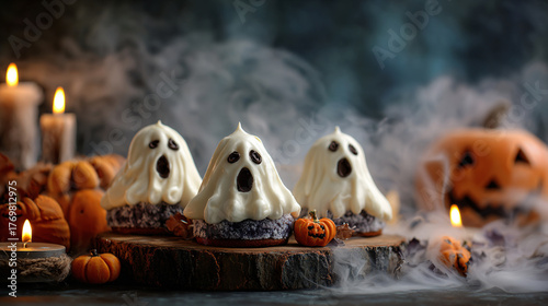 Ghost cupcakes with halloween pumpkins and candles creating spooky atmosphere among smoke